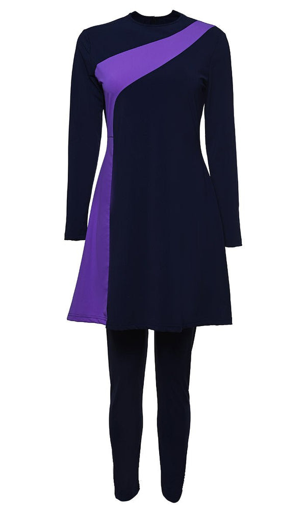 Solid Swimwear Navy With Purple Stripe Burkini Set Of Top Bottom And Cap - EastEssence.com