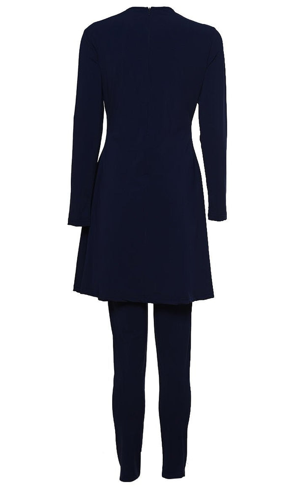 Solid Swimwear Navy With Purple Stripe Burkini Set Of Top Bottom And Cap - EastEssence.com