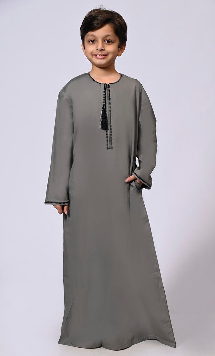Sophisticated Boy's Grey Thobe: Front Zip Tassels and Dotted Embroidery Detailing - EastEssence.com