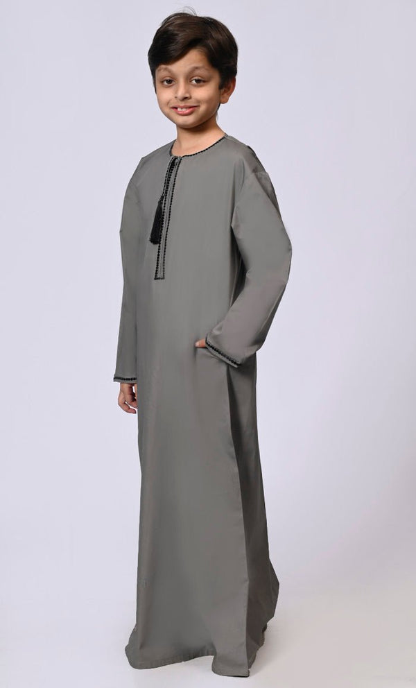 Sophisticated Boy's Grey Thobe: Front Zip Tassels and Dotted Embroidery Detailing - EastEssence.com