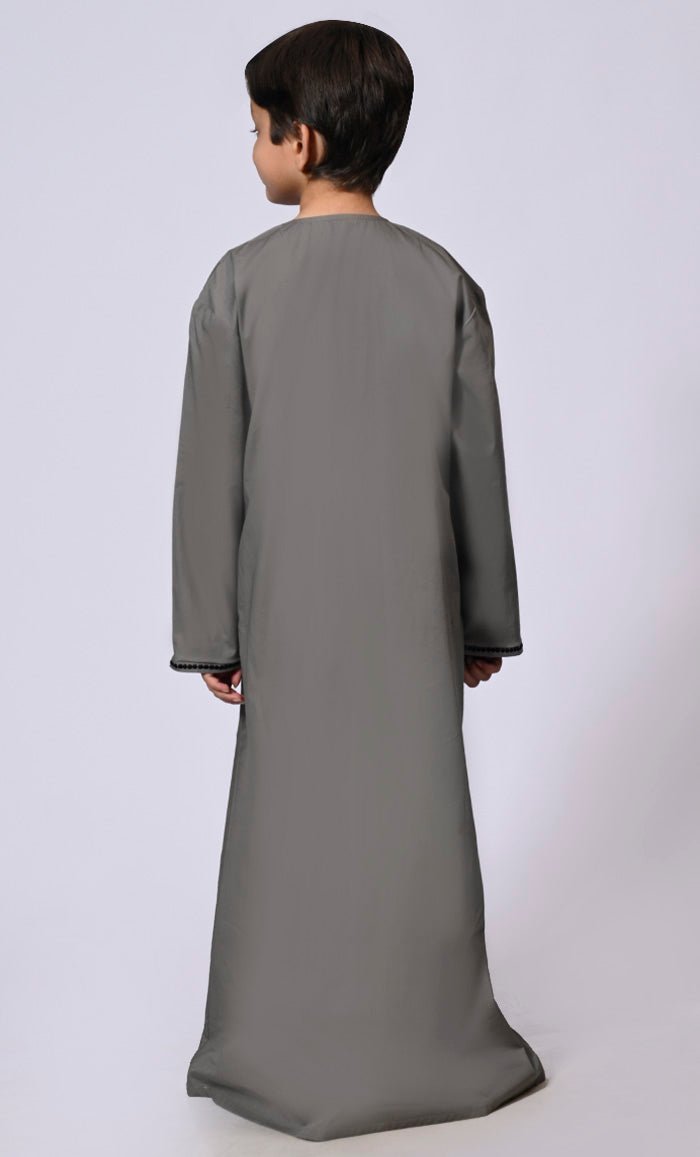Sophisticated Boy's Grey Thobe: Front Zip Tassels and Dotted Embroidery Detailing - EastEssence.com