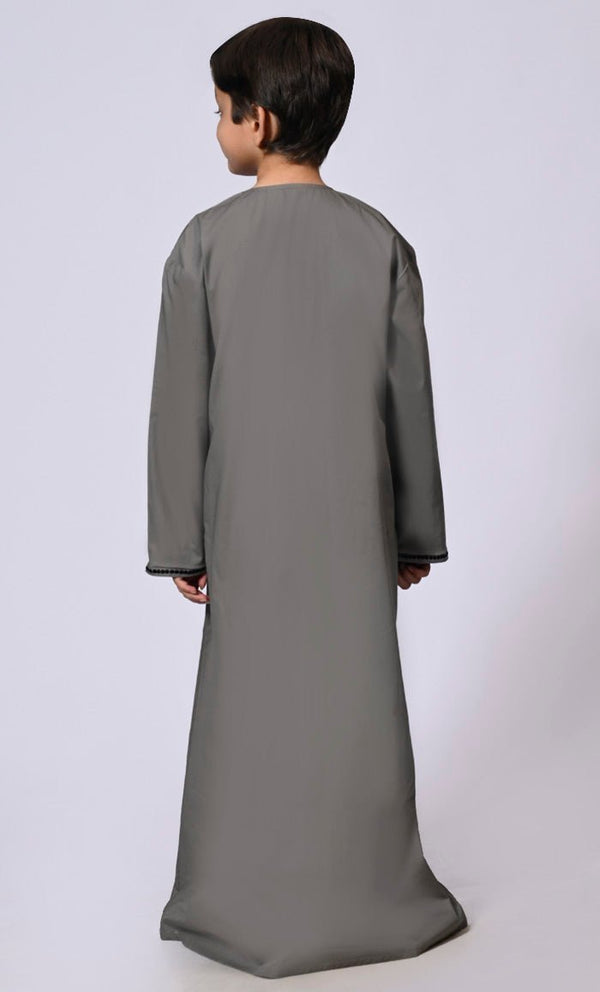 Sophisticated Boy's Grey Thobe: Front Zip Tassels and Dotted Embroidery Detailing - EastEssence.com