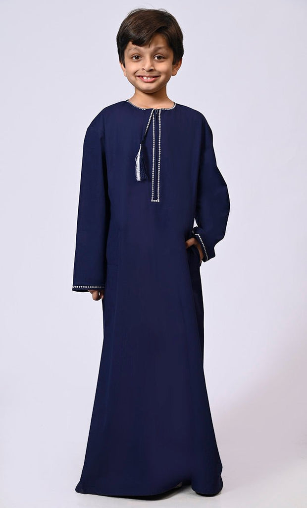 Sophisticated Navy Boy's Thobe: Front Zip Tassels and Dotted Embroidery Detailing - EastEssence.com