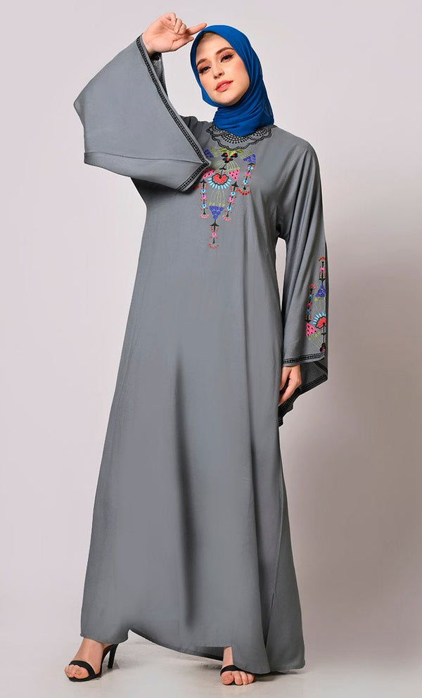 Stitched To Perfection: Grey Embroidered Abaya - EastEssence.com