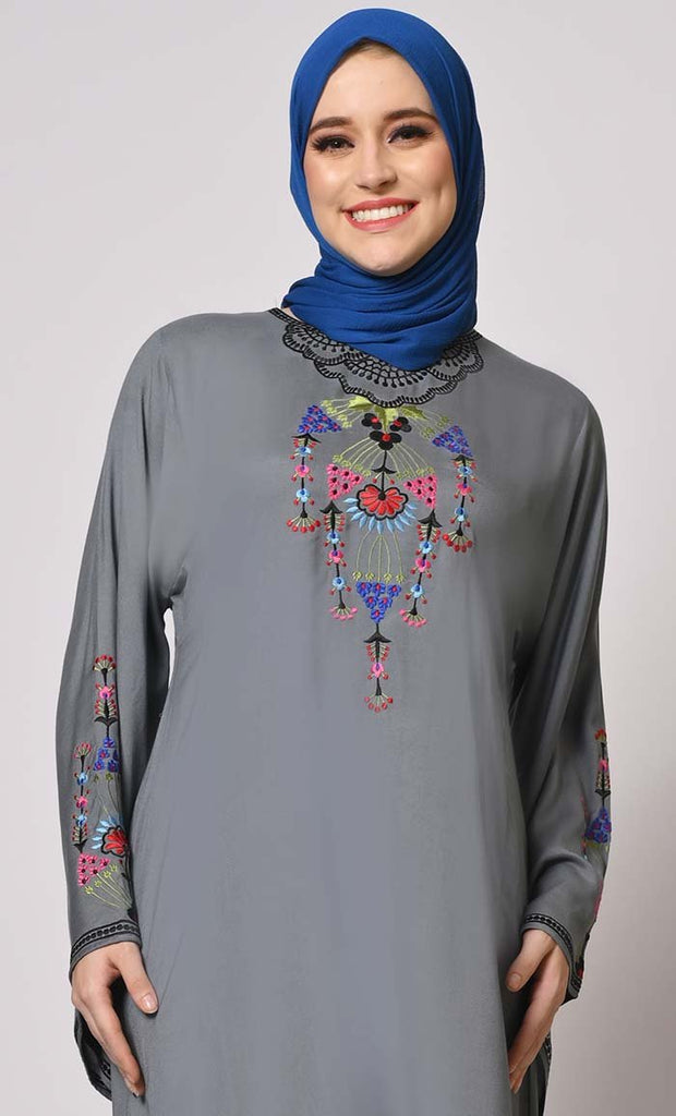 Stitched To Perfection: Grey Embroidered Abaya - EastEssence.com