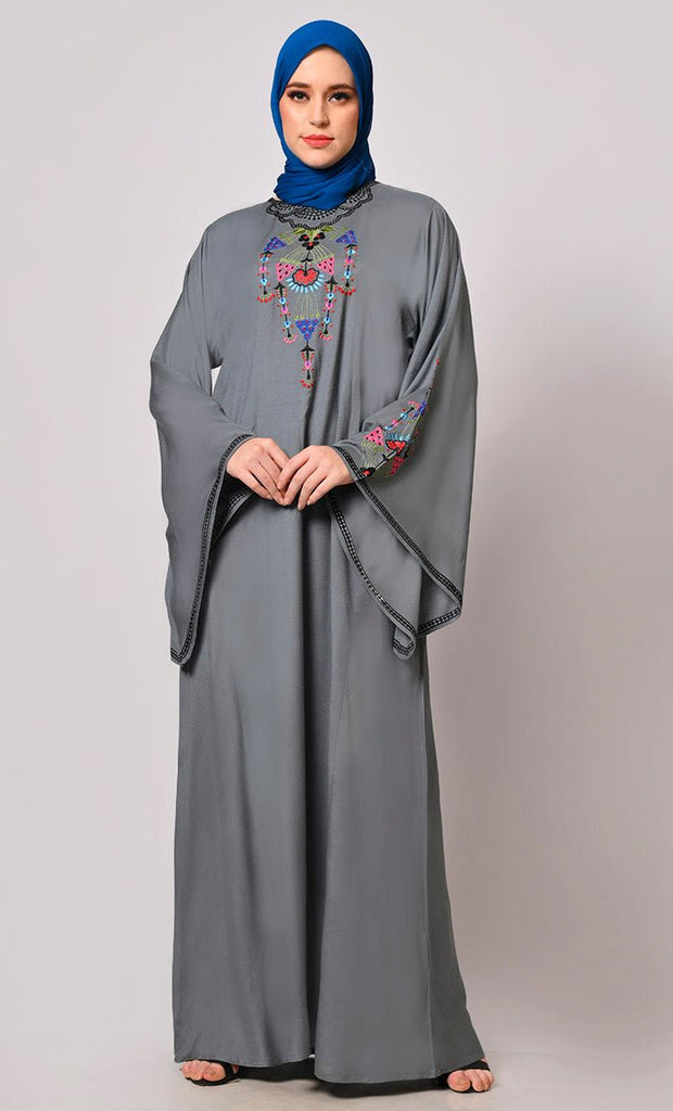 Stitched To Perfection: Grey Embroidered Abaya - EastEssence.com