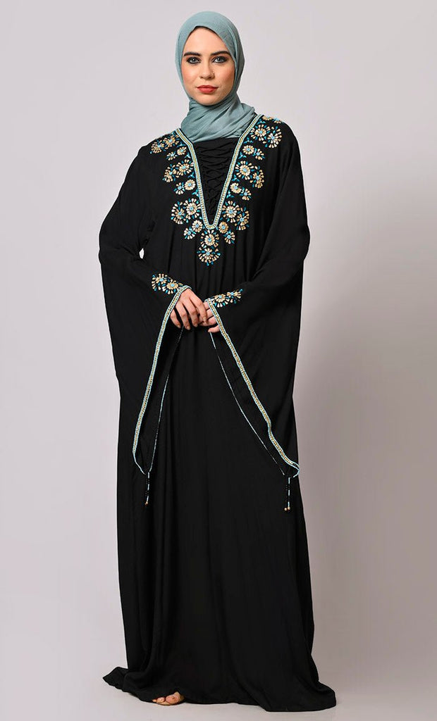 Stone-Encrusted Abaya with Bell Sleeves - EastEssence.com
