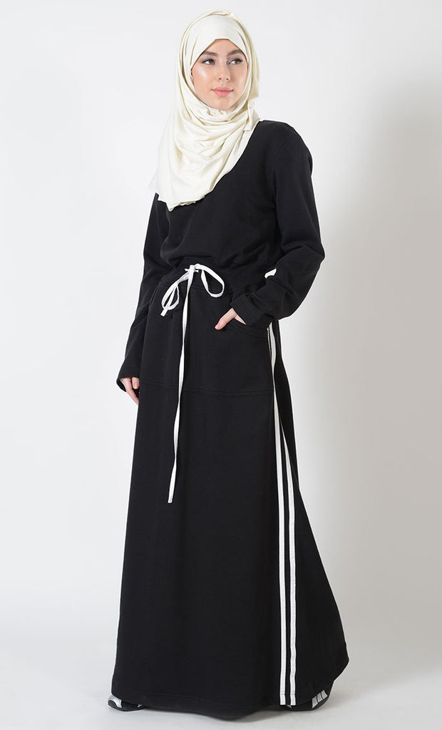 Stripe Fleece Blend Activewear Abaya Dress - EastEssence.com