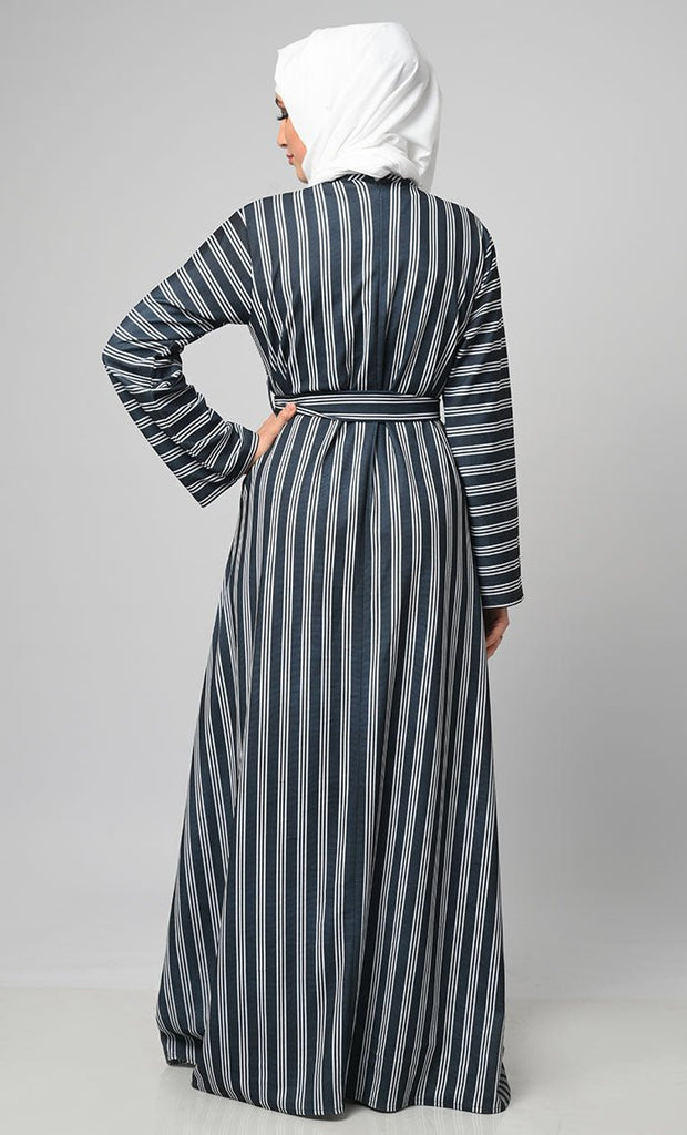 Stripe Printed Knited Abaya With Loose Belt And Pockets - EastEssence.com