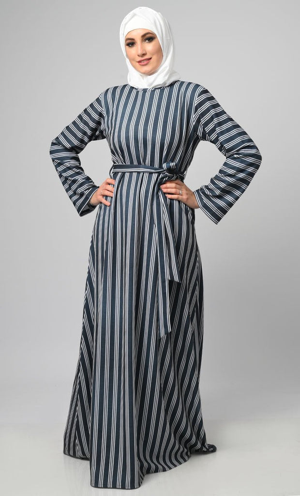 Stripe Printed Knited Abaya With Loose Belt And Pockets - EastEssence.com