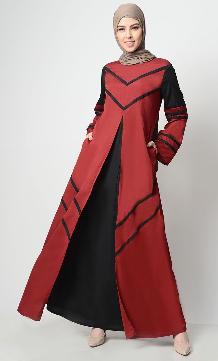 Striped Color Contrast Abaya-Crimson - EastEssence.com