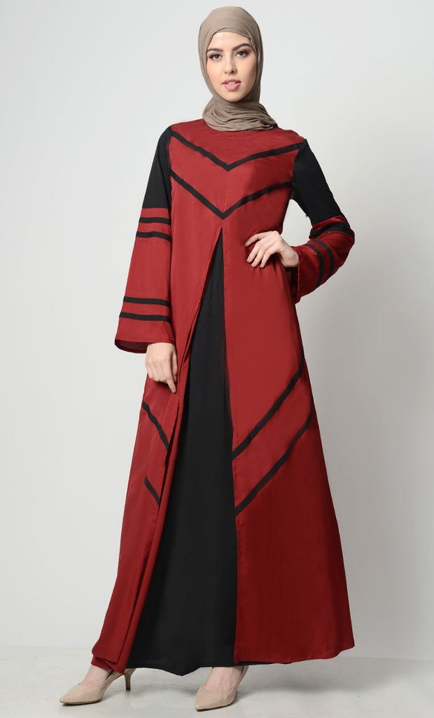 Striped Color Contrast Abaya-Crimson - EastEssence.com