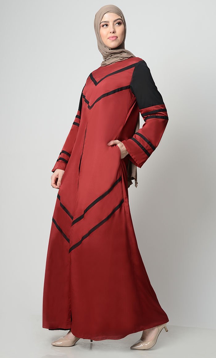 Striped Color Contrast Abaya-Crimson - EastEssence.com