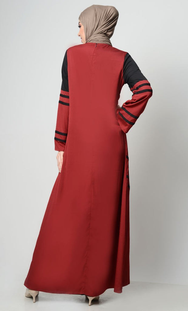 Striped Color Contrast Abaya-Crimson - EastEssence.com