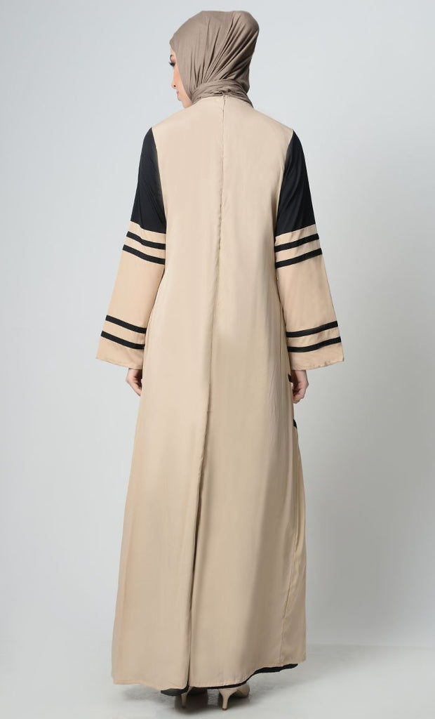Striped Color Contrast Abaya-Sand - EastEssence.com