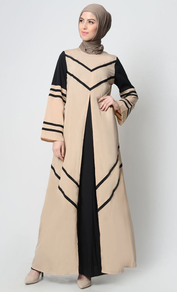 Striped Color Contrast Abaya-Sand - EastEssence.com