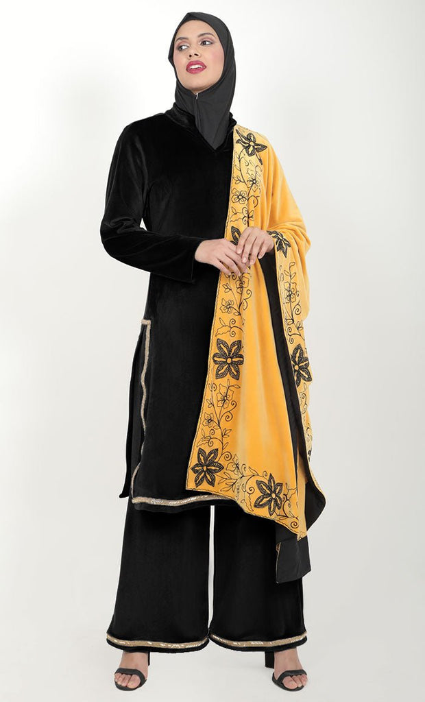 Stunning Black Thread Aari Work Detailing Velour / Velvet Shawl - Length:- 105"Inch, Width:- 40"Inch - EastEssence.com