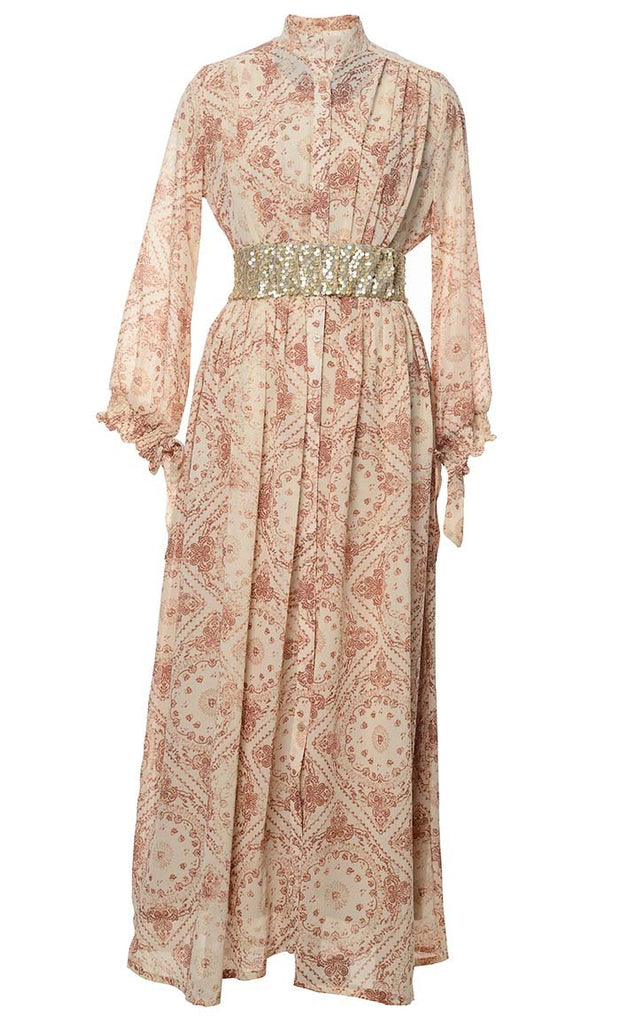 Stunning Georgette Printed Abaya With Biege Sequence Belt - EastEssence.com