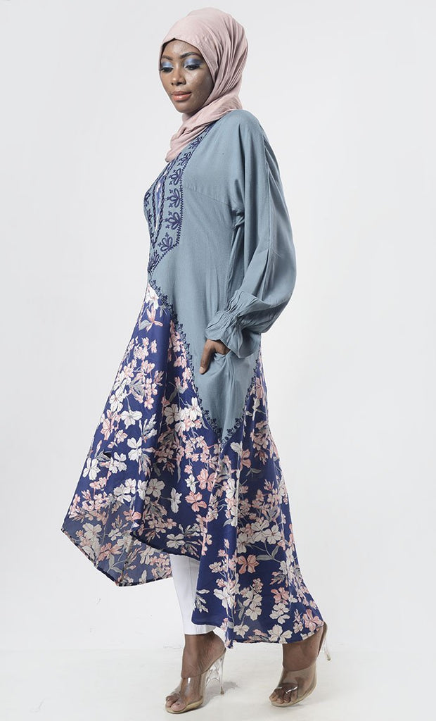 Stunning Grey Floral Bottom Detailing Long Tunic With Pockets - EastEssence.com