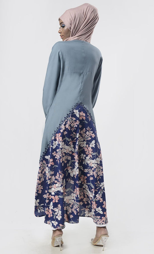 Stunning Grey Floral Bottom Detailing Long Tunic With Pockets - EastEssence.com