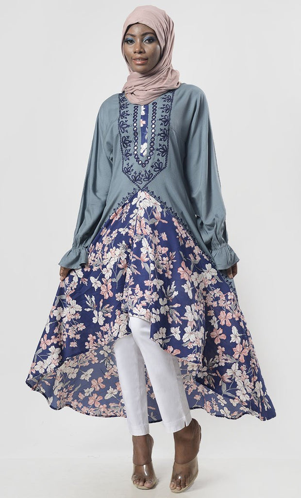 Stunning Grey Floral Bottom Detailing Long Tunic With Pockets - EastEssence.com