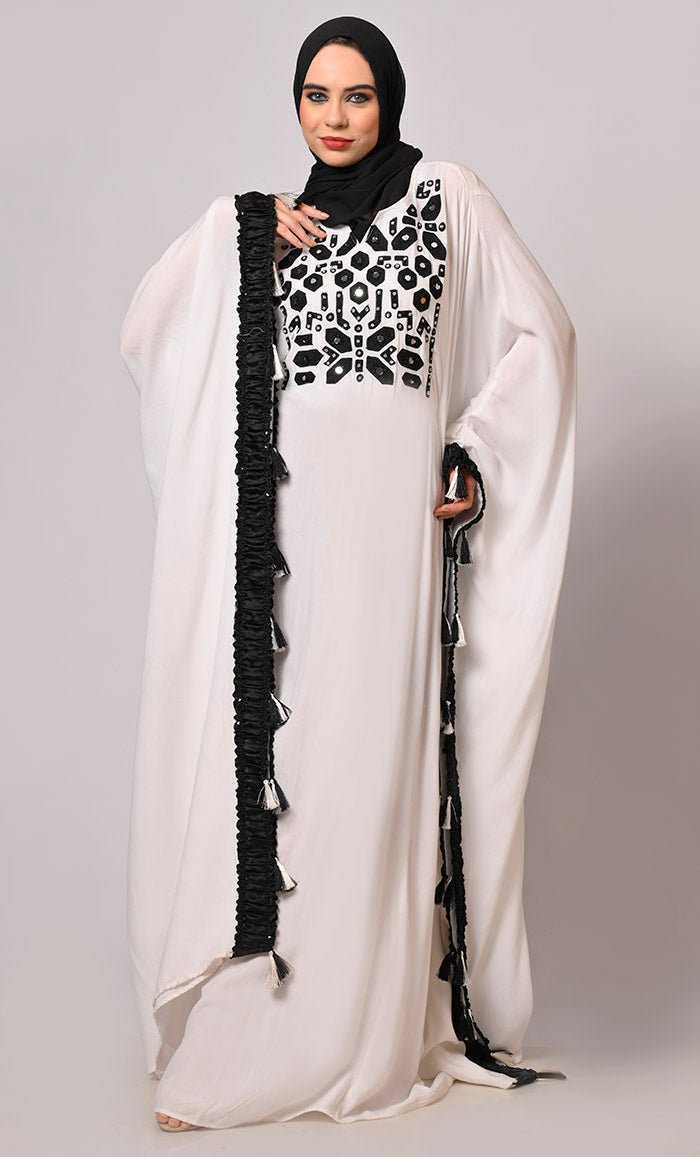 Stunning Mirror Embroidered White Kaftan