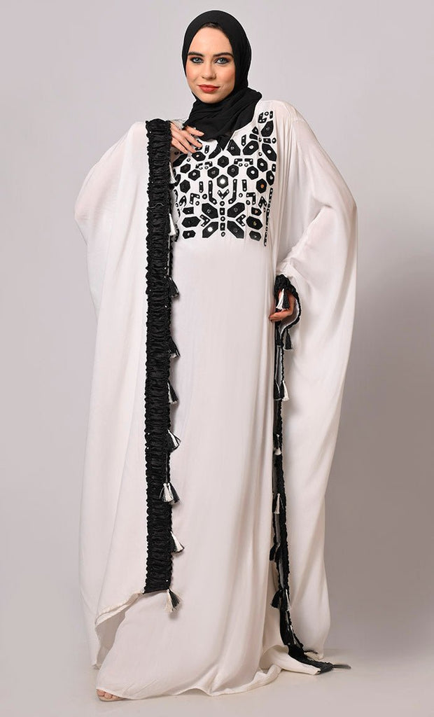 Stunning Mirror Embroidered White Kaftan with Tassels Detailing - EastEssence.com