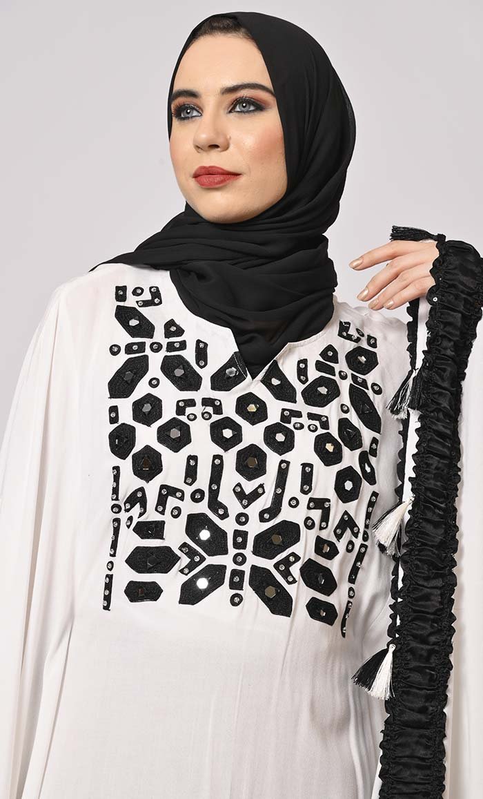 Stunning Mirror Embroidered White Kaftan