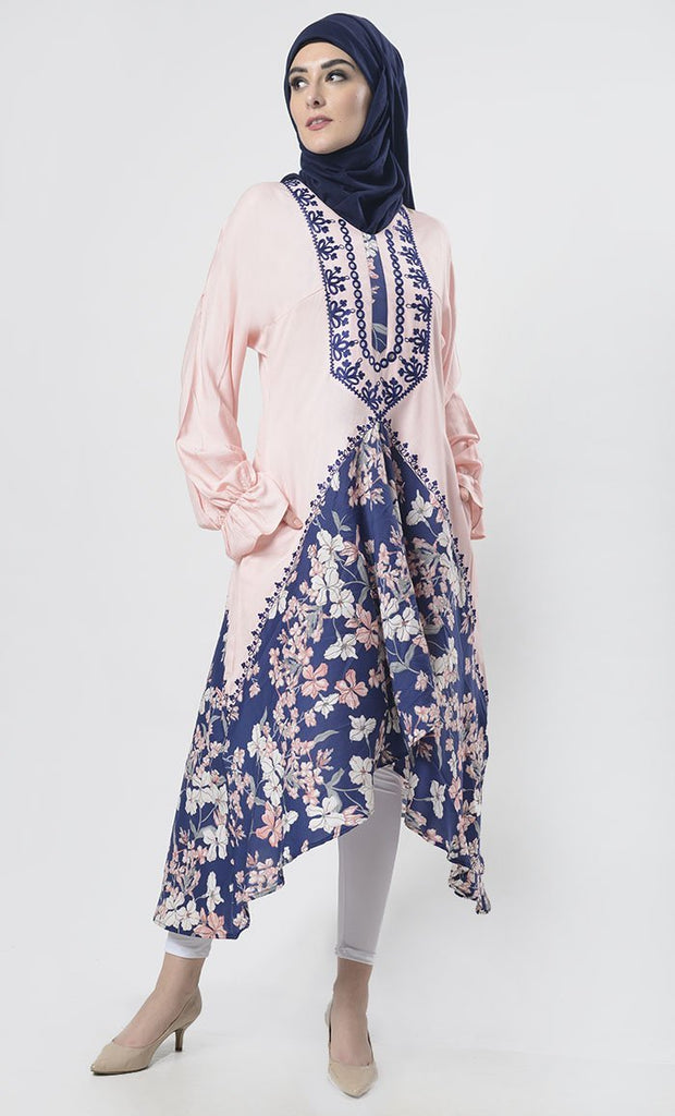 Stunning Pink Floral Bottom Detailing Long Tunic With Pockets - EastEssence.com