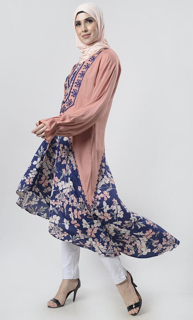 Stunning Sand Floral Bottom Detailing Long Tunic With Pockets - EastEssence.com