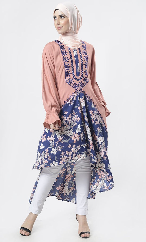 Stunning Sand Floral Bottom Detailing Long Tunic With Pockets - EastEssence.com