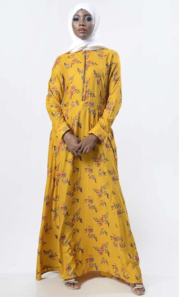 Stunning Yellow Multi-Color Floral Printed Abaya - EastEssence.com
