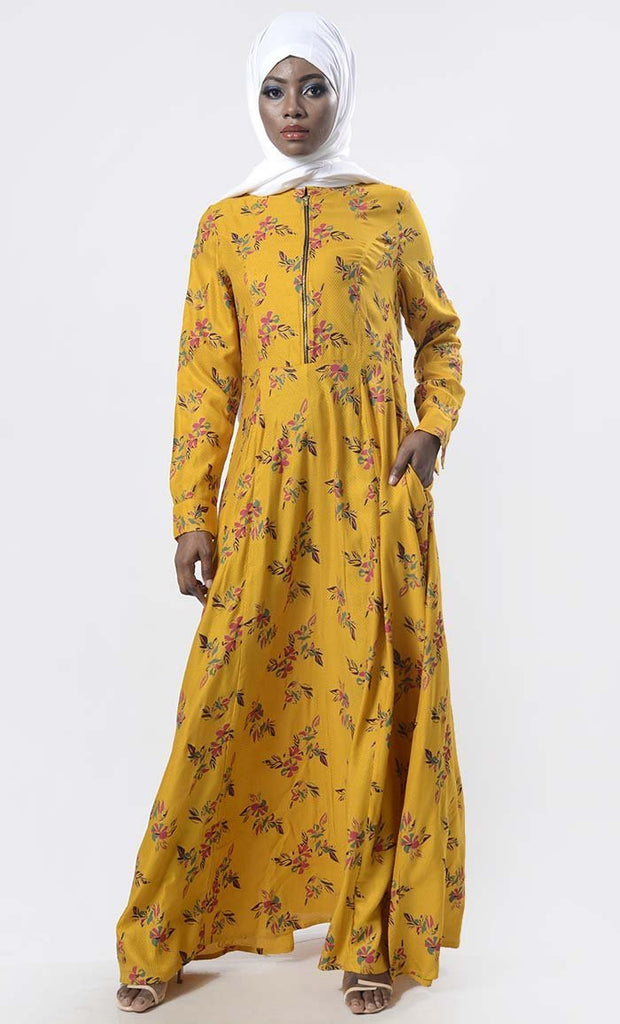 Stunning Yellow Multi-Color Floral Printed Abaya - EastEssence.com