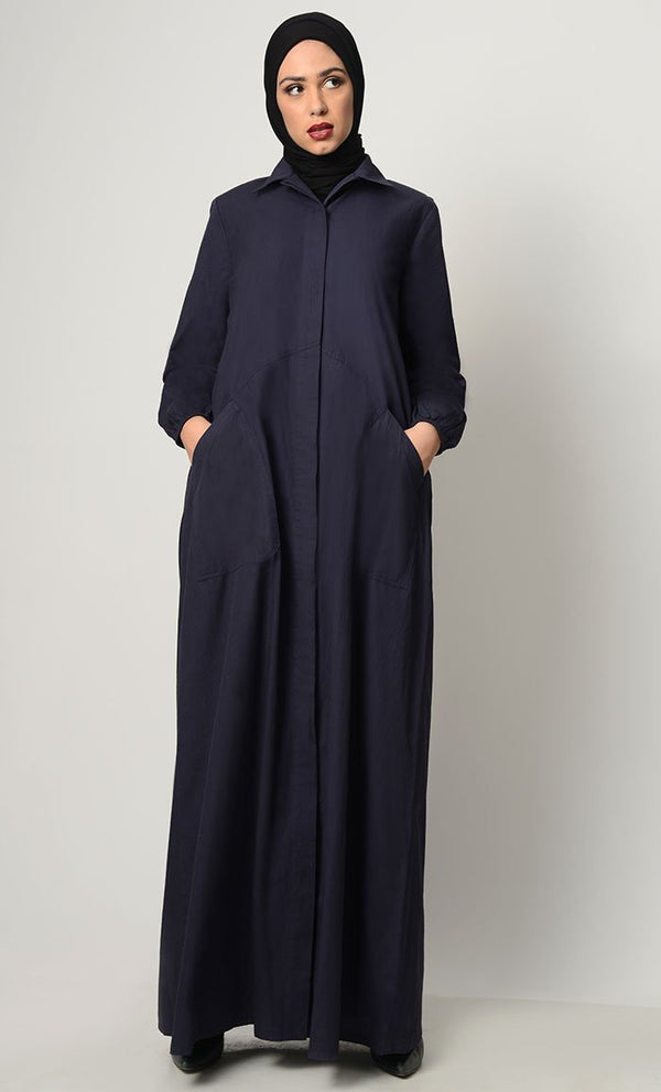 Stylish Button Down Abaya-Navy - EastEssence.com