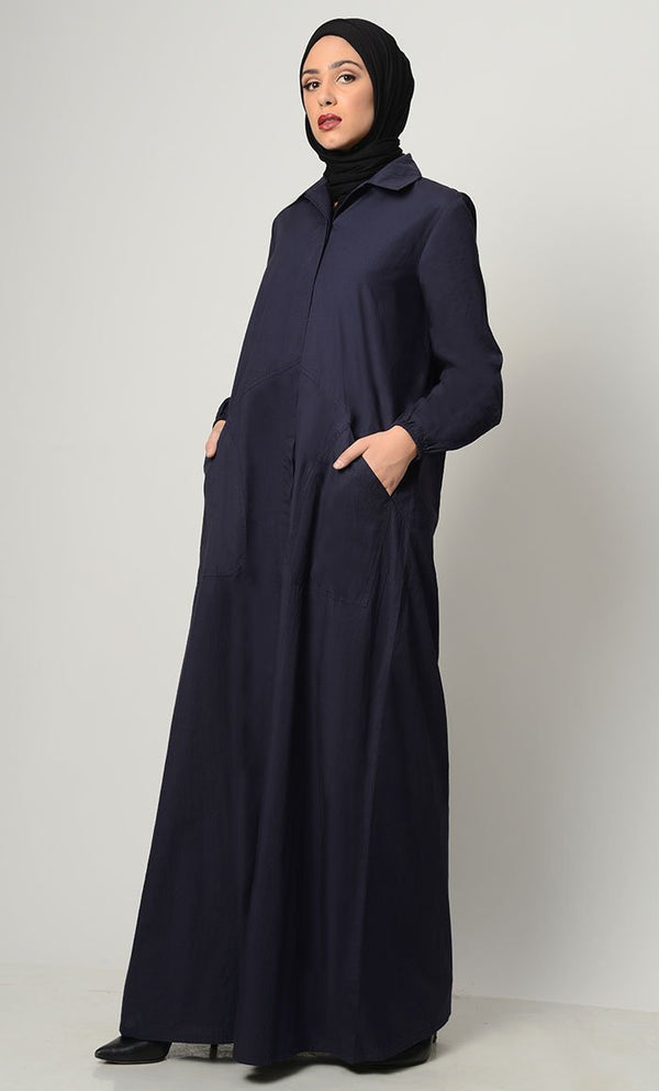 Stylish Button Down Abaya-Navy - EastEssence.com