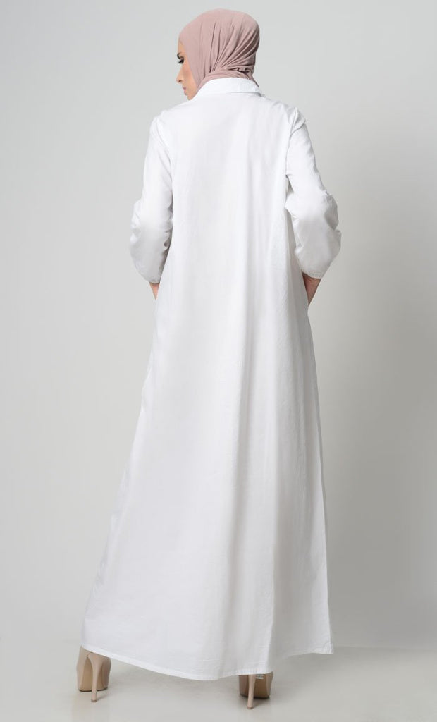 Stylish Button Down Abaya-White - EastEssence.com
