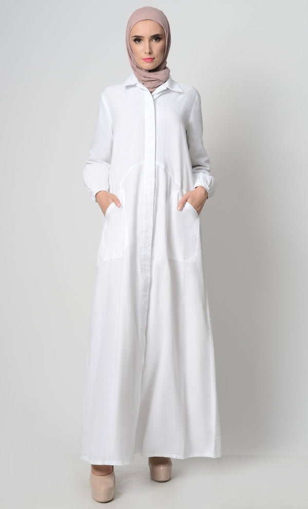Stylish Button Down Abaya-White - EastEssence.com