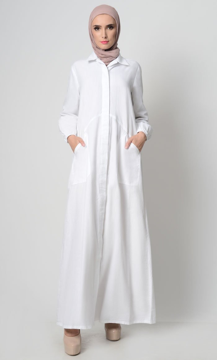 Stylish Button Down Abaya-White - EastEssence.com