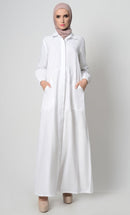 Stylish Button Down Abaya-White - EastEssence.com