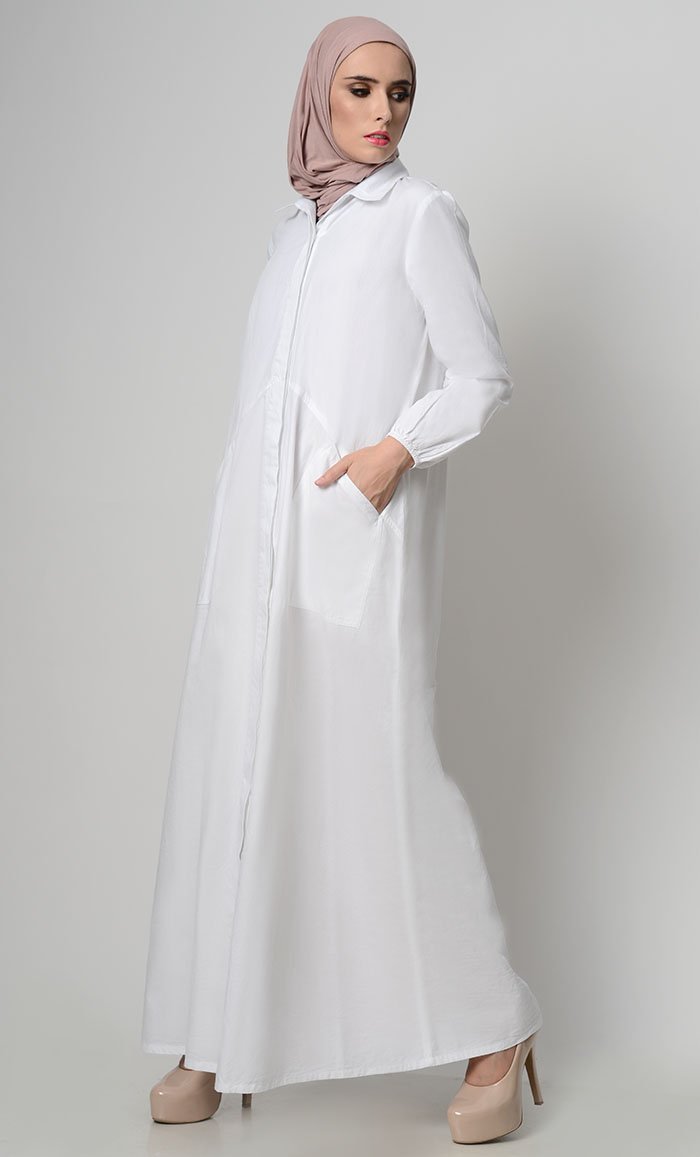 Stylish Button Down Abaya-White - EastEssence.com