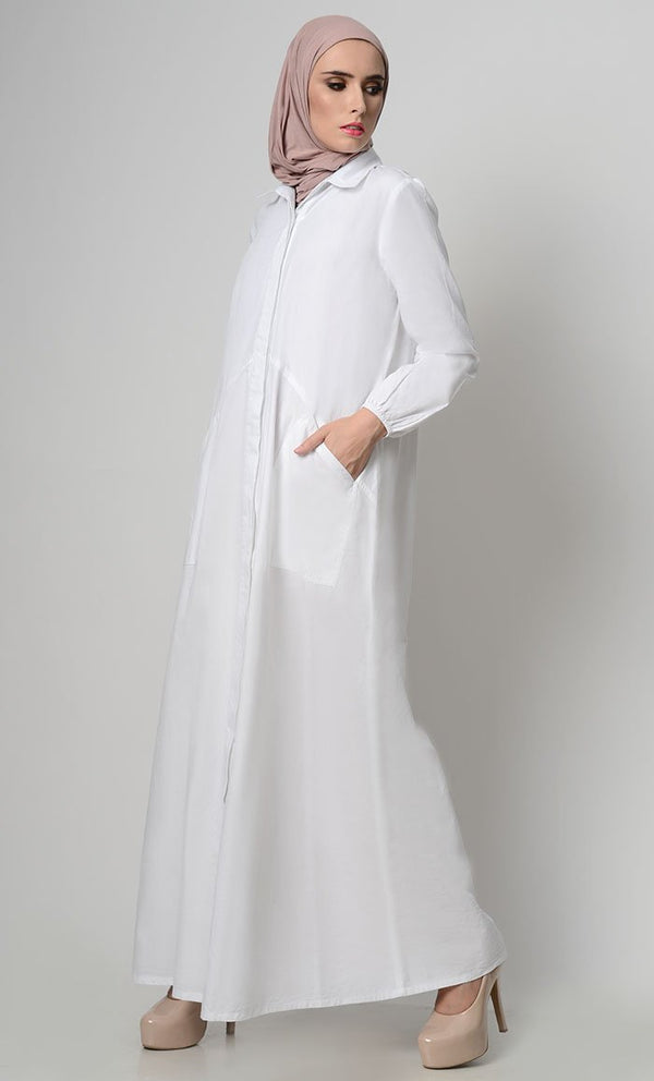 Stylish Button Down Abaya-White - EastEssence.com