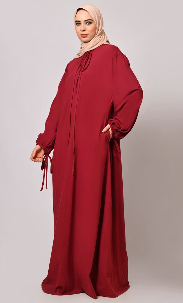 Stylish Maroon Abaya with Pockets - EastEssence.com