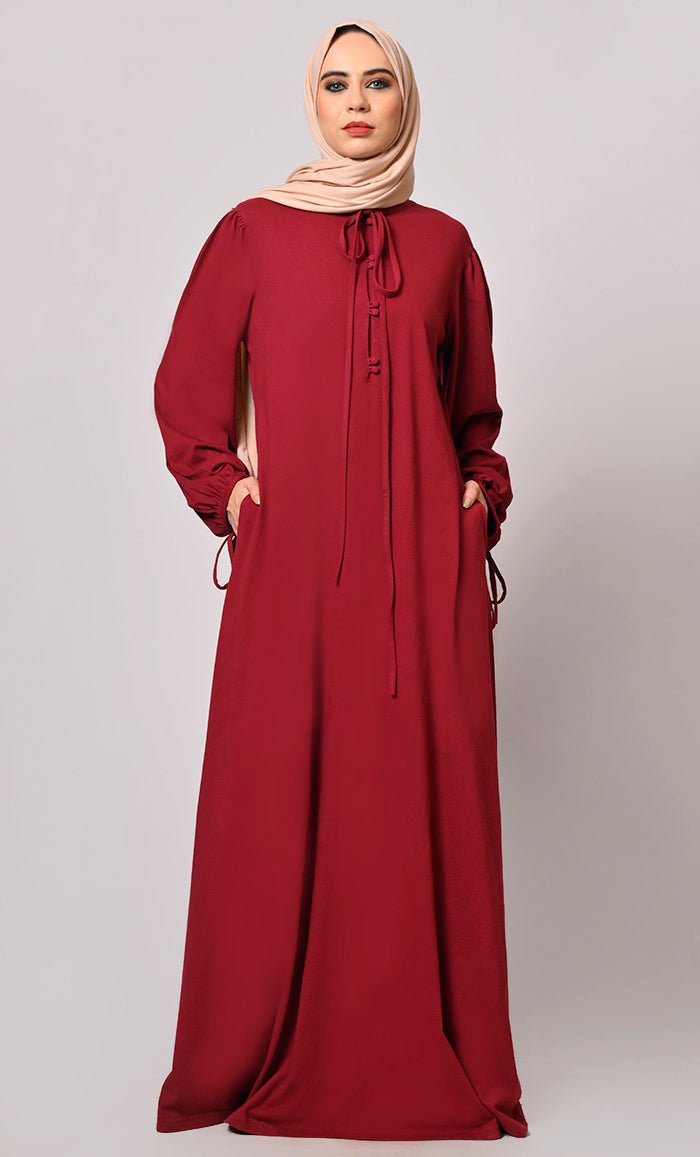 Stylish Maroon Abaya with Pockets - EastEssence.com