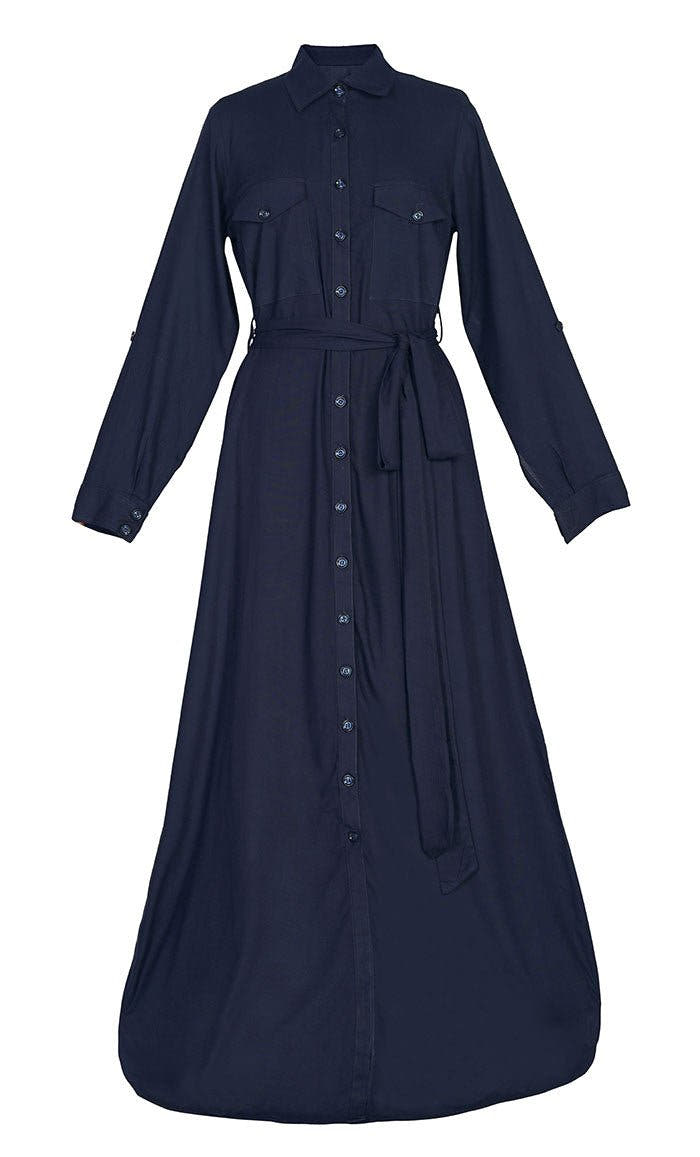 Abaya boutonnée en rayonne douce avec poches et ceinture ample