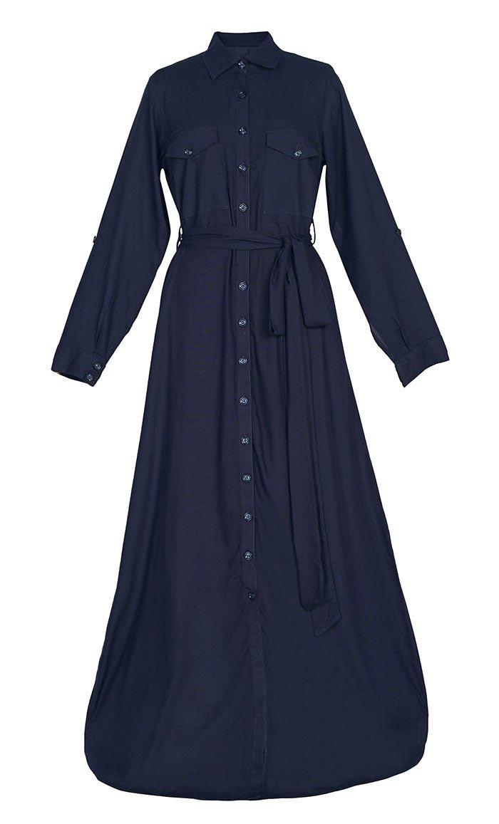 Stylish Soft Rayon Button Down Abaya With Pockets And Loose Belt - EastEssence.com