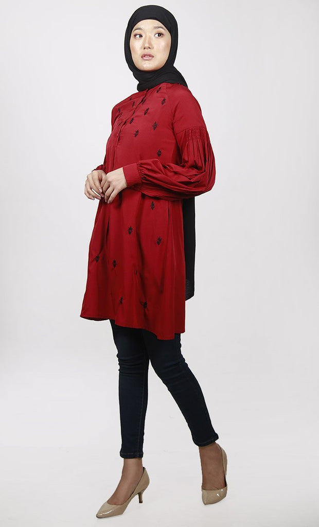 Subtle Red Motif Embroidered Tunic With Both Side Pockets - EastEssence.com