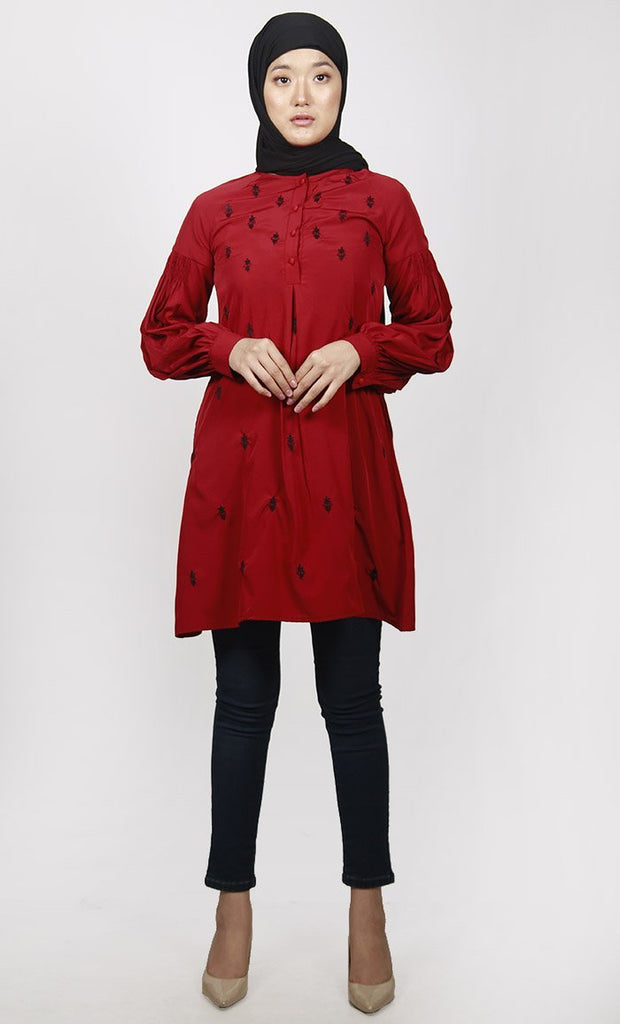 Subtle Red Motif Embroidered Tunic With Both Side Pockets - EastEssence.com