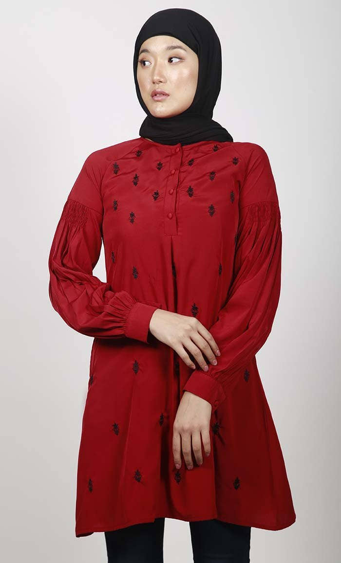 Subtle Red Motif Embroidered Tunic With Both Side Pockets - EastEssence.com