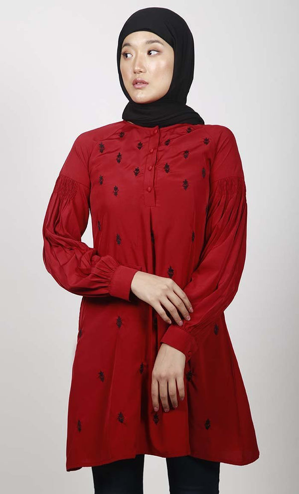 Subtle Red Motif Embroidered Tunic With Both Side Pockets - EastEssence.com