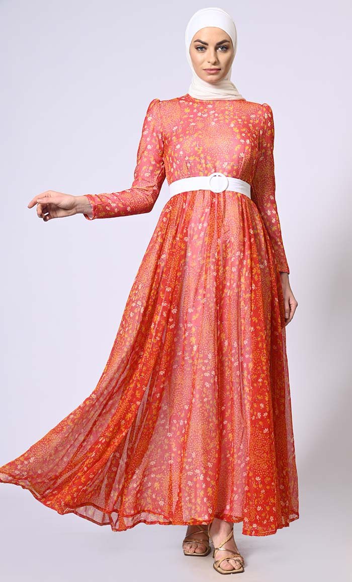 Women's Printed Abaya with Belt and Hijab